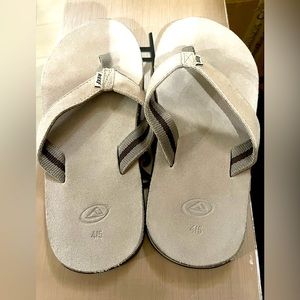 Boys reef flip flops upper leather, shadows in pic. Treads are not worn.